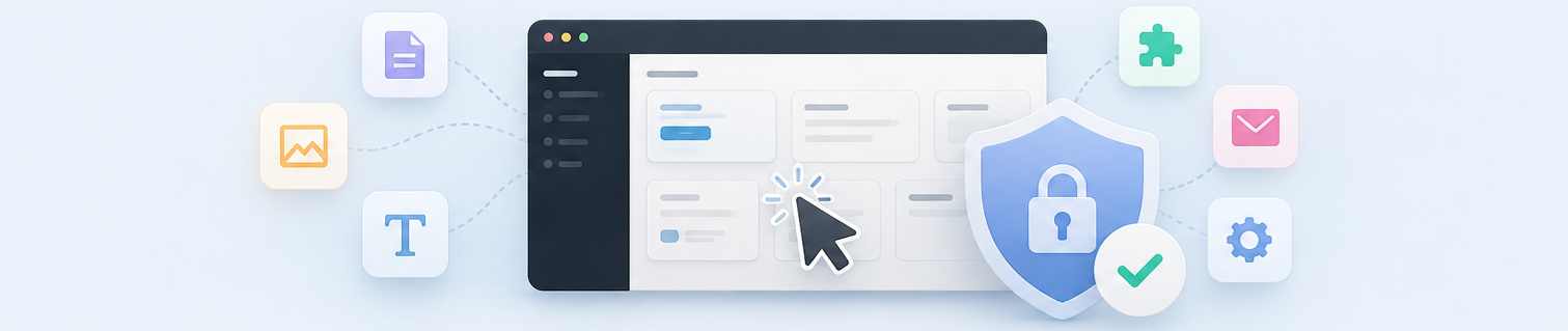 Illustration of a website administration dashboard interface with various control icons and a shield