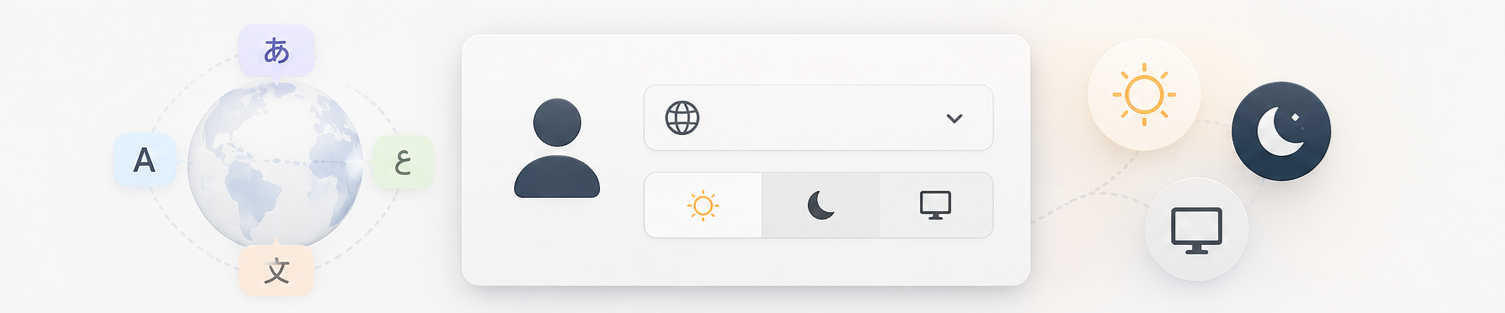 Abstract composition of a globe icon with language symbols and a panel with light and dark mode toggles.