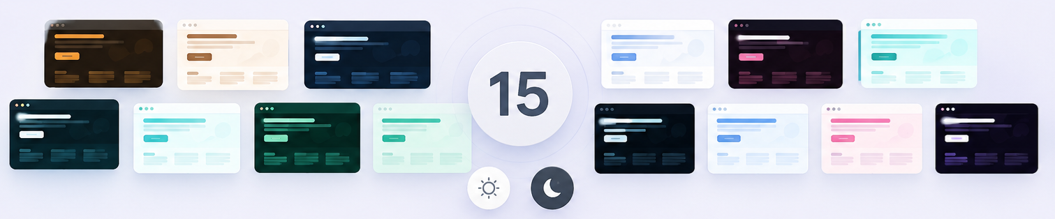 Grid of multiple colorful website themes in light and dark modes